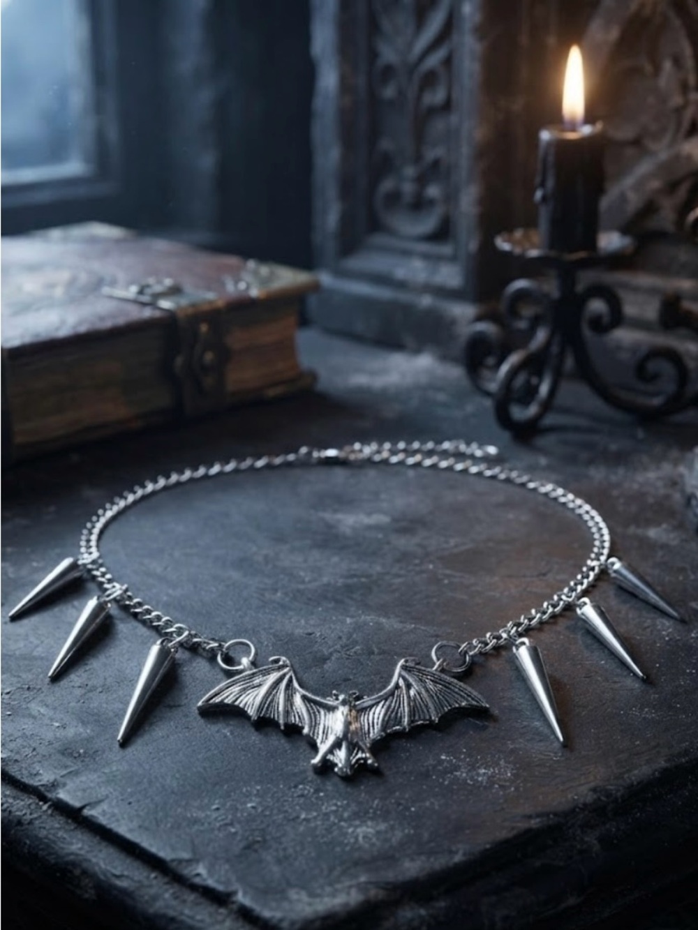 Hand Crafted Silver Bat Spike Choker Necklace